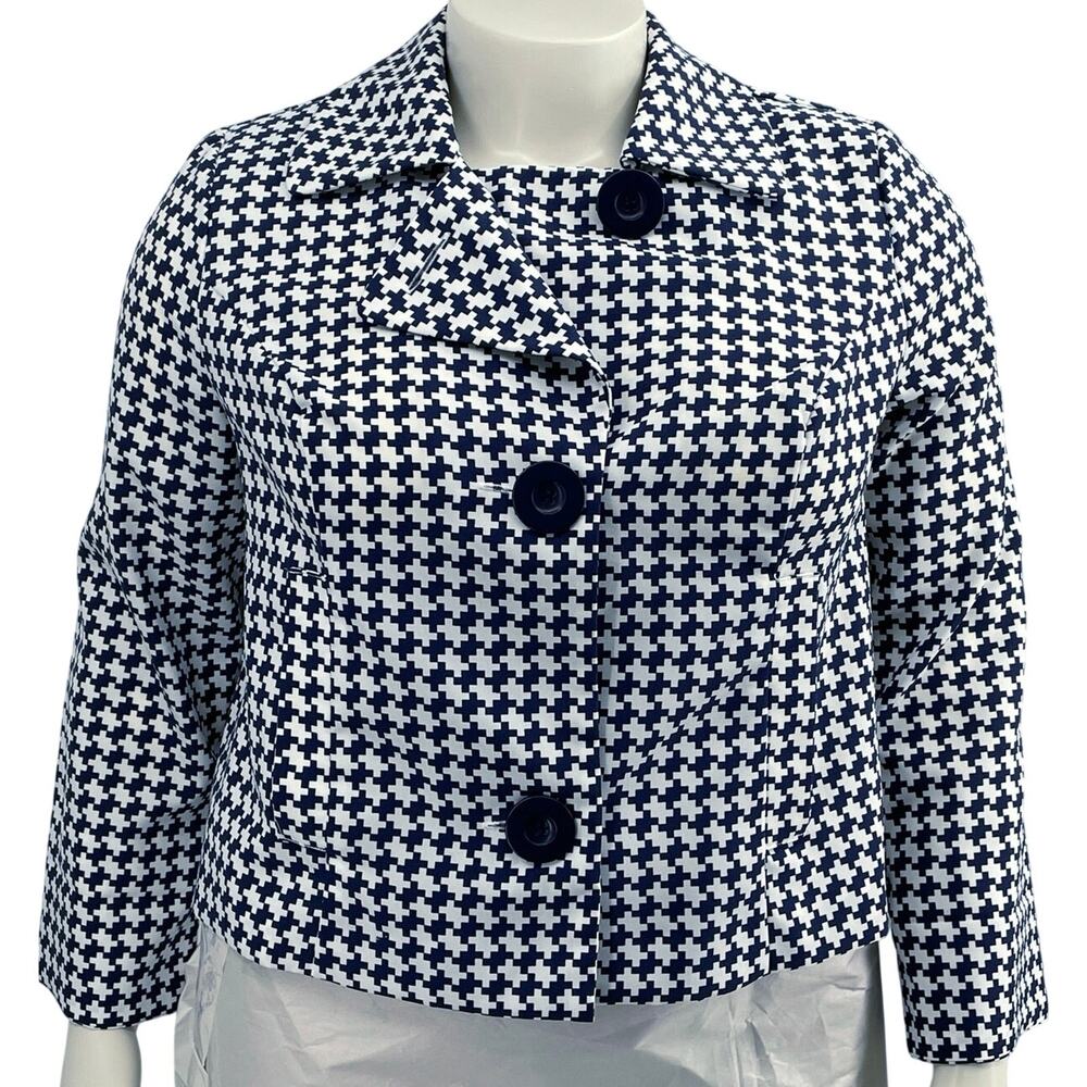 Allison Woods Women Cropped Navy White Houndstooth Blazer LS Button Closure 14W
